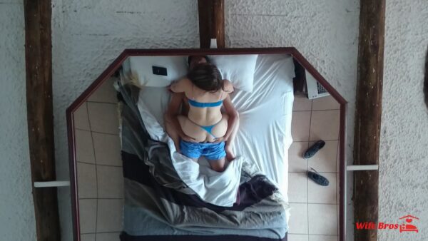 Delicious anal sex in blue lingerie at ceiling mirror room.